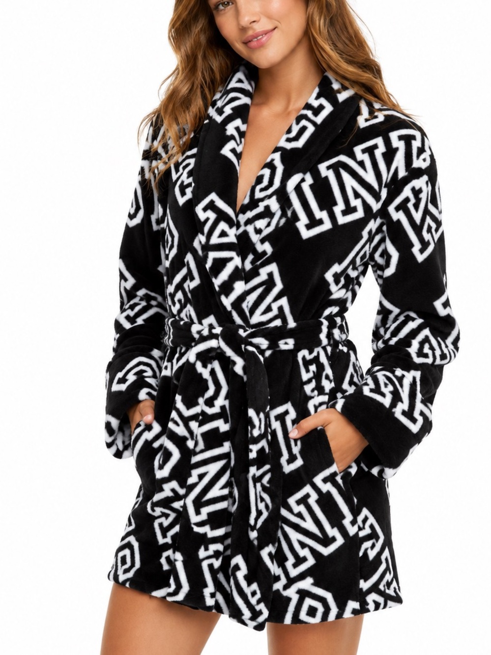 Victoria Secret PINK Plush Logo Robe Cozy Black White XS/S